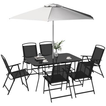 Outsunny Set de grădină cu Masă, 6 Scaune Pliante și Umbrelă de Soare cu Manivelă, Set pentru Exterior din 8 piese, 140x90x70 cm, Gri Outsunny Set de grădină cu Masă, 6 Scaune Pliante și Umbrelă de Soare cu Manivelă, Set pentru Exterior din 8 piese, 140x90x70 cm, Gri