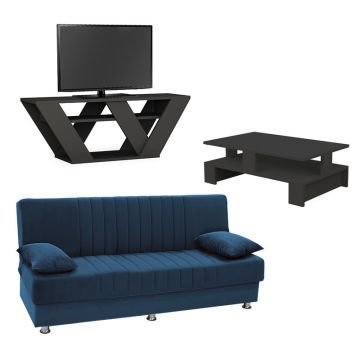 Set living New Living 9, 3 bucati Negru - Albastru Set living New Living 9, 3 bucati Negru - Albastru