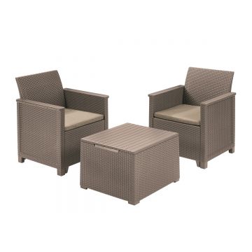 Set mobilier gradina 2 locuri si masa cu spatiu depozitare cappuccino Keter Emma