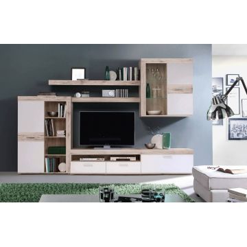 Set mobilier living 3 piese Reusel, Bedora, 300x38.3x200.9 cm, PAL/sticla/plastic, stejar/alb