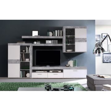 Set mobilier living 4 piese Zeist, Bedora, 300x41x200.9 cm, PAL/sticla/plastic, alb/gri deschis