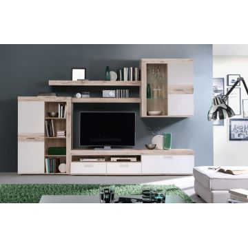 Set mobilier living 4 piese Zeist, Bedora, 300x41x200.9 cm, PAL/sticla/plastic, stejar/alb