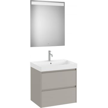Set mobilier Roca Ona cu dulap baza cu doua sertare 65cm lavoar si oglinda cu iluminare LED gri mat