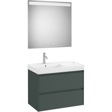 Set mobilier Roca Ona cu dulap baza cu doua sertare 80cm si lavoar asimetric orientare stanga si oglinda cu iluminare LED verde mat