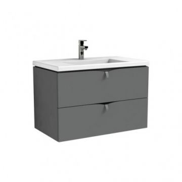 Set mobilier suspendat Oristo Siena cu 2 sertare, gri mat si lavoar marmura Amelia 80 cm