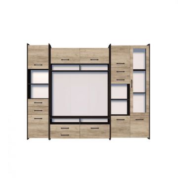 Living MOKKA II, 3 corpuri, corp PAL maro inchis, fronturi PAL stejar, 232x53x200 cm