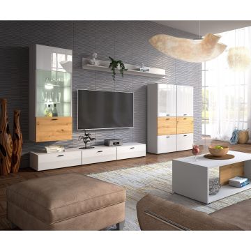 Living Oviedo, 280x40x190 cm, Alb/Alb Lucios/Stejar Artisan
