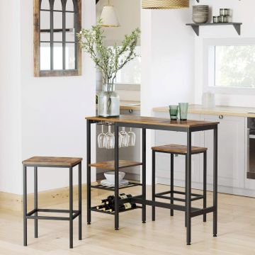 Masa de bar cu suport pahare si sticle / dulap bucatarie Alinru, Vasagle, 110x40x90 cm, PAL/otel, maro rustic Masa de bar cu suport pahare si sticle / dulap bucatarie Alinru, Vasagle, 110x40x90 cm, PAL/otel, maro rustic
