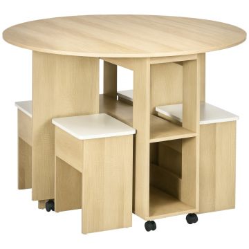 Set dining 4 persoane HOMCOM, masa de bucatarie cu extensie plianta, rotile, 4 scaune, culoare stejar | Aosom RO