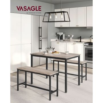 Set masa dining si 2 banci Vasagle, 110x70x75 cm/97x30x50 cm, PAL/otel, gri/negru