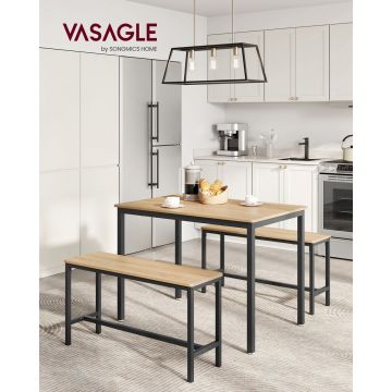 Set masa dining si 2 banci Vasagle, 110x70x75 cm/97x30x50 cm, PAL/otel, stejar auriu/negru