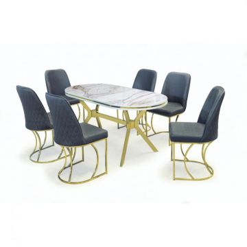 Set TIMARA, masa cu 6 scaune, ovala, 6 persoane, marmura calcutta + auriu + gri, 160x80 cm