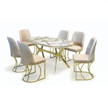 Set TIMARA, masa cu 6 scaune, ovala, 6 persoane, marmura efes + auriu + bej, 160x80 cm