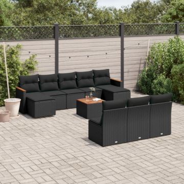 Set canapele de grădină cu perne, 11 piese, negru, poliratan