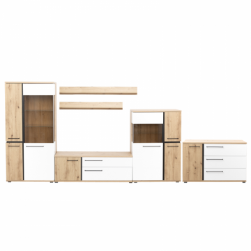 Living MOLTO Z.A, 5 corpuri si Comoda ML12, cu usa si 3 sertare, corp artisan, fronturi MDF artisan + alb, 466x53x201 cm