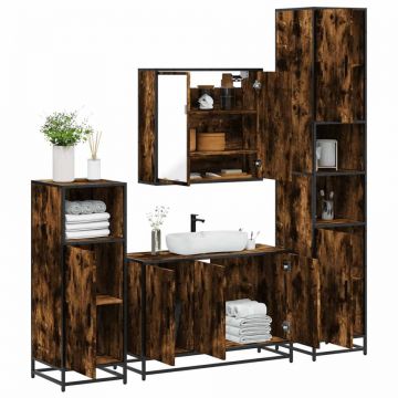 Set de mobilier de baie 4 piese Lemn prelucrat de stejar afumat Set de mobilier de baie 4 piese Lemn prelucrat de stejar afumat