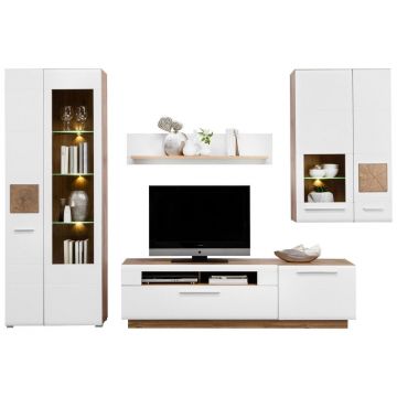 Set Mobilă Living, alb, culoare lemn stejar, 300/202/46 cm