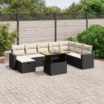 Set mobilier de grădină cu perne, 9 piese, negru, poliratan
