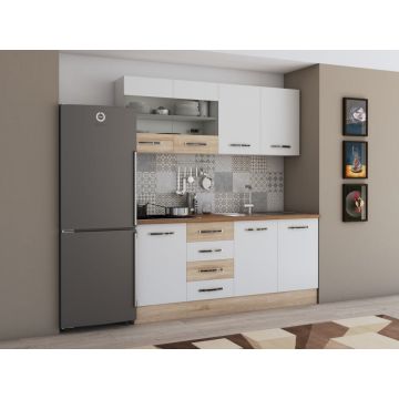 Bucatarie alfa cu vitrina 180 cm, alb / sonoma, blat termic nuc