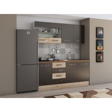 Bucatarie alfa cu vitrina 180 cm, wenge / sonoma, blat termic nuc