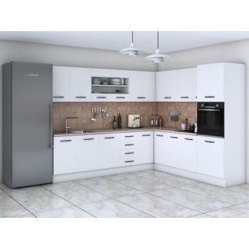 Bucatarie de colt Alfa, Corp inalt cuptor, Cu vitrina, Alb, Blat termic travertin