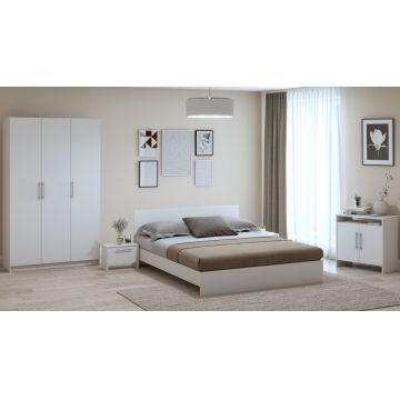 Dormitor Eco alb, dulap 3 usi, pat 160x200 cm, 2 noptiere, comoda