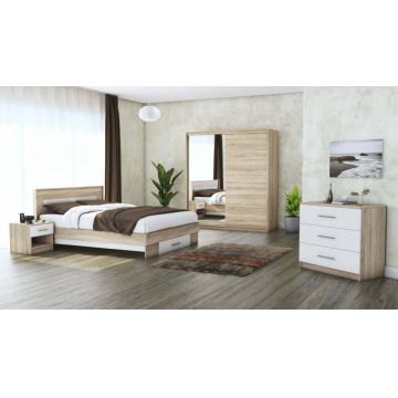 Set dormitor Beta, sonoma / alb, dulap 183 cm, pat 140×200 cm, 2 noptiere, comoda