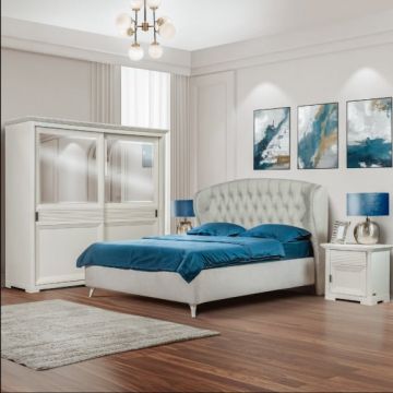 Set Dormitor Verona Bianco Cu Pat Tapitat, Dimensiune saltea 160 X 200 Cm, 2 Noptiere Si Dulap