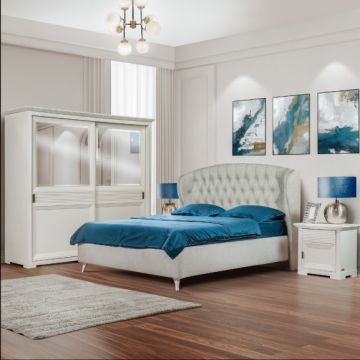 Set Dormitor Verona Bianco Cu Pat Tapitat, Dimensiune saltea 160 X 200 Cm, 2 Noptiere Si Dulap