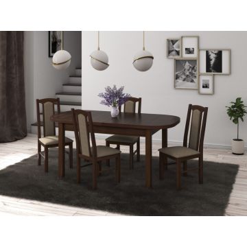 Set masa extensibila 160x200cm cu 4 scaune tapitate, mb-12 venus1 si s-37 boss7 o27a, nuc, lemn masiv de fag, stofa