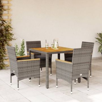 Set mobilier grădină cu perne 5 piese gri poliratan/lemn acacia