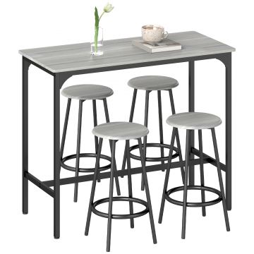 HOMCOM Set Masă de Bar și 4 Scaune cu Suport pentru Picioare, 110x50x89.5 cm, Gri | Aosom Romania