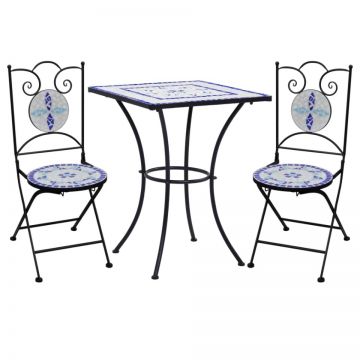Set de bistro mozaic, 3 piese, albastru & alb, placă ceramică