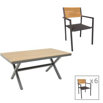 Set de masă Thorio-Savor 7 pakoworld antracit aluminiu și placaj în nuanță Naturală 160x90x75cm