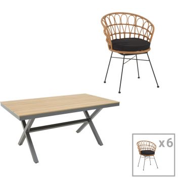 Set masa de sufragerie Thorio-Felicia 7 pakoworld antracit aluminiu si placaj in nuanta Naturala 160x90x75cm
