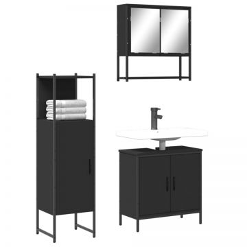 Set mobilier de baie, 3 piese, negru, lemn compozit