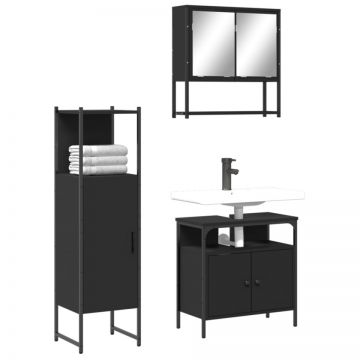 Set mobilier de baie, 3 piese, negru, lemn compozit