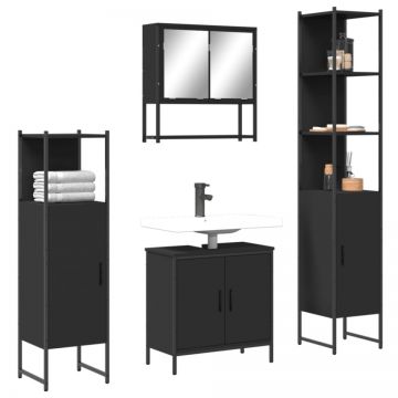 Set mobilier de baie, 4 piese, negru, lemn prelucrat