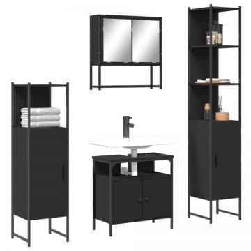Set mobilier de baie, 4 piese, negru, lemn prelucrat
