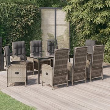 Set mobilier de grădină cu perne, 9 piese, negru/gri, poliratan