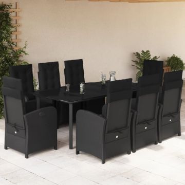 Set mobilier de grădină cu perne, 9 piese, negru, poliratan