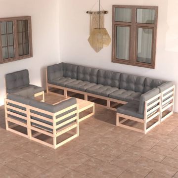 Set mobilier grădină cu perne, 10 piese, lemn masiv de pin