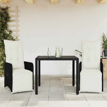 Set bistro de grădină cu perne, 3 piese, negru, poliratan