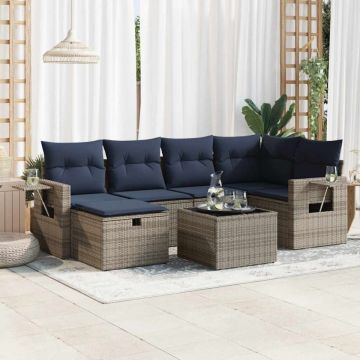 Set canapele de grădină, 7 piese, cu perne, gri, poliratan