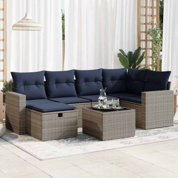 Set canapele de grădină, 7 piese, cu perne, gri, poliratan