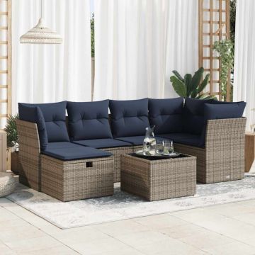 Set canapele de grădină, 7 piese, cu perne, gri, poliratan
