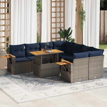 Set canapele de grădină, 9 piese, cu perne, gri, poliratan