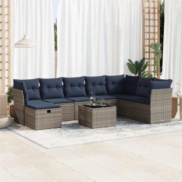 Set canapele de grădină, 9 piese, cu perne, gri, poliratan