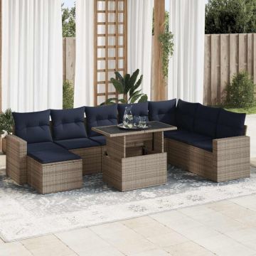 Set canapele grădină cu perne 9 piese gri poliratan/lemn acacia