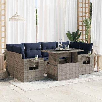 Set canapele grădină perne 7 piese negru, poliratan/lemn acacia